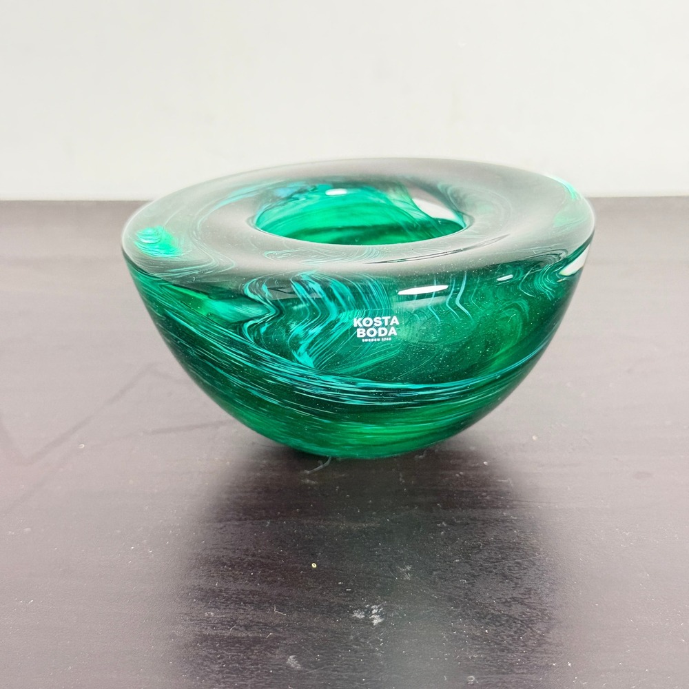 Kosta Boda Emerald Green Swirl Art Glass Votive Candle Holder Sweden Signed